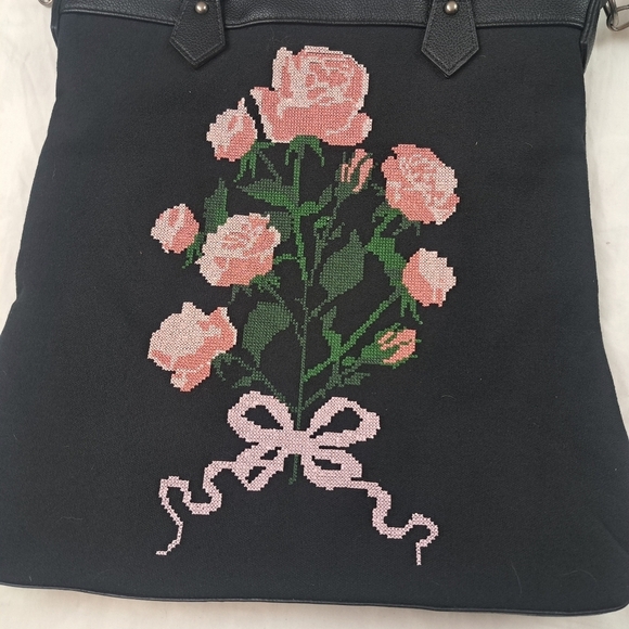 Dolls Kill Widow Shadow Bloom Floral Embroidered Cross-Stitch Black Tote Bag - Picture 12 of 12
